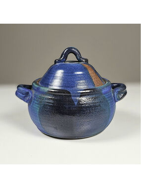Studio A Pottery Blue Glaze Lidded Crock Bean Pot Handmade Stoneware Tureen